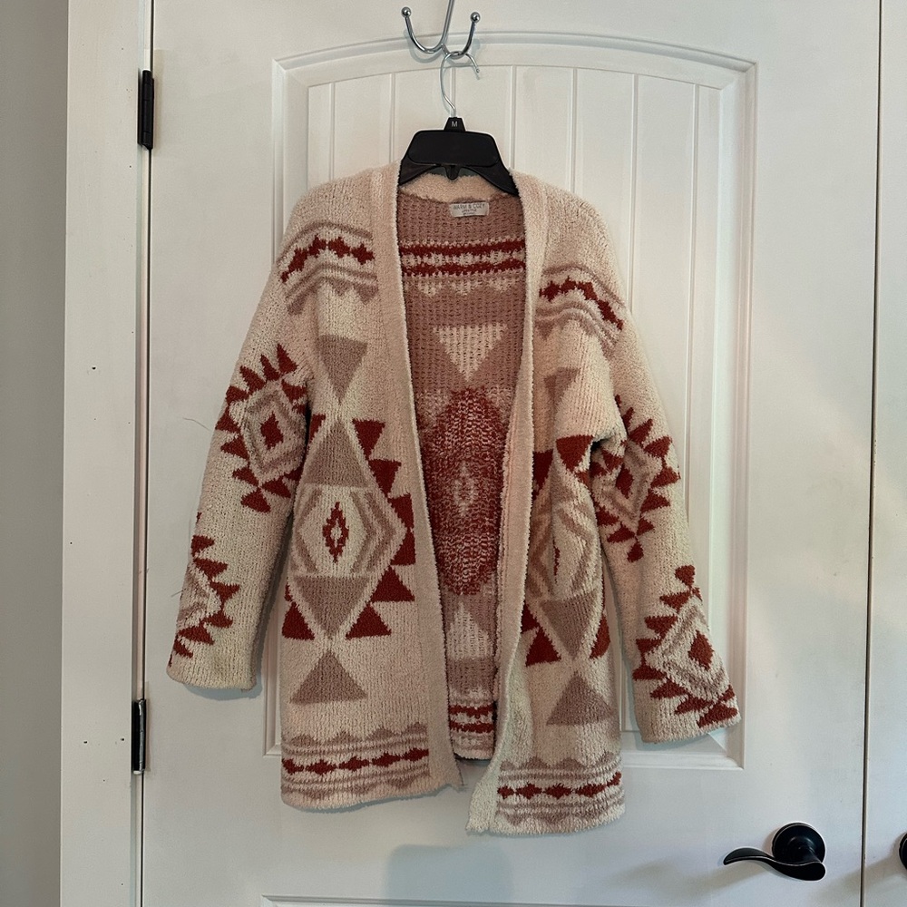 Cream and Red Geometric Cardigan Sweater